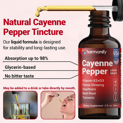 Cayenne Pepper Liquid Drops with Vitamin D3 & K2, Hawthorn, Beet Root, Turmeric, Panax Ginseng, Berberine & Ceylon Cinnamon - Quality Supplement for Daily Wellness - 2 fl oz (60mL)