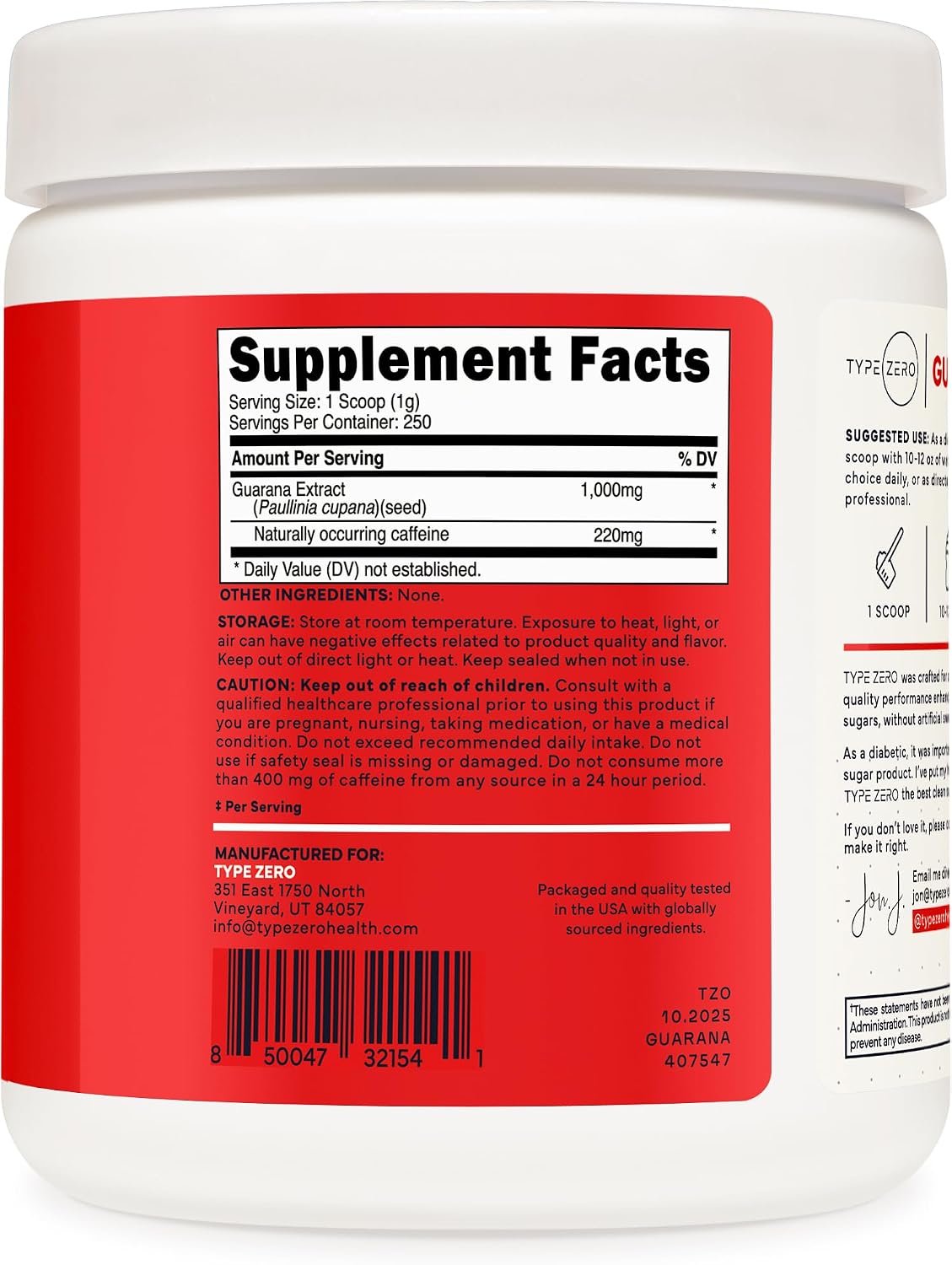 Type Zero Clean Guarana Powder Drink Mix (Unflavored) 250 Servings | 220mg Caffeine Per Serving, Natural Caffeine, Gluten-Free, GMO-Free