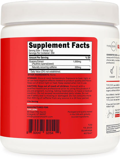 Type Zero Clean Guarana Powder Drink Mix (Unflavored) 250 Servings | 220mg Caffeine Per Serving, Natural Caffeine, Gluten-Free, GMO-Free
