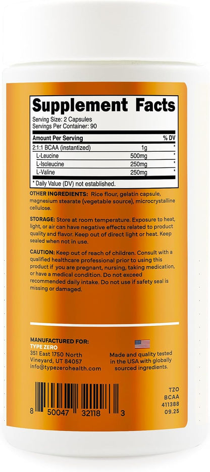 Type Zero BCAA (1000mg) 180 Capsules, 90 Servings | Branched Chain Amino Acids with 500mg of L-Leucine, 1000mg of L-Isoleucine and L-Valine
