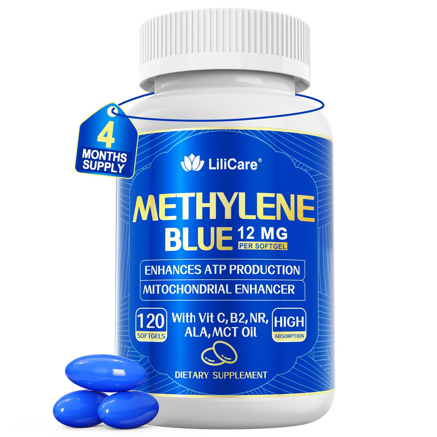 LiliCare Methylene Blue supplement bottle with blue capsules on a white background