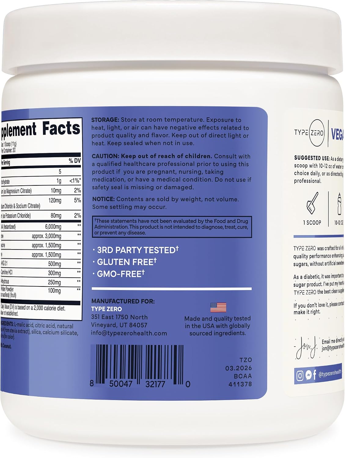 Type Zero Ultra Clean Vegan BCAA Powder + Electrolytes (Blue Raspberry) | 6g Per Serving, 2:1:1 Sugar-Free, No Sucralose, BCAAs Amino Acids Supplement, After Workout Drink, 30 Servings