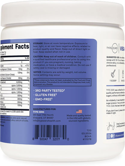 Type Zero Ultra Clean Vegan BCAA Powder + Electrolytes (Blue Raspberry) | 6g Per Serving, 2:1:1 Sugar-Free, No Sucralose, BCAAs Amino Acids Supplement, After Workout Drink, 30 Servings