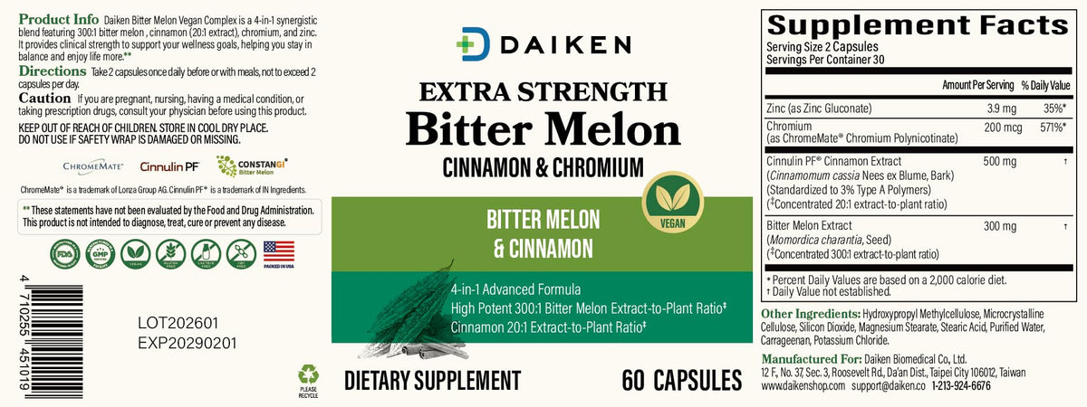 DAIKEN Bitter Melon, Cinnamon & Chromium, 100% Vegetarian Bitter Melon Capsules with Cinnamon Chromium & Zinc, 60 Capsules