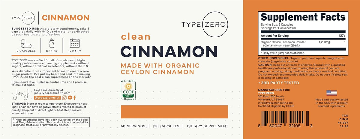 Type Zero Ceylon Cinnamon (1200mg) 120 Capsules, Gluten-Free, GMO-Free | Organic Cinnamon Bark Supplement, Natural