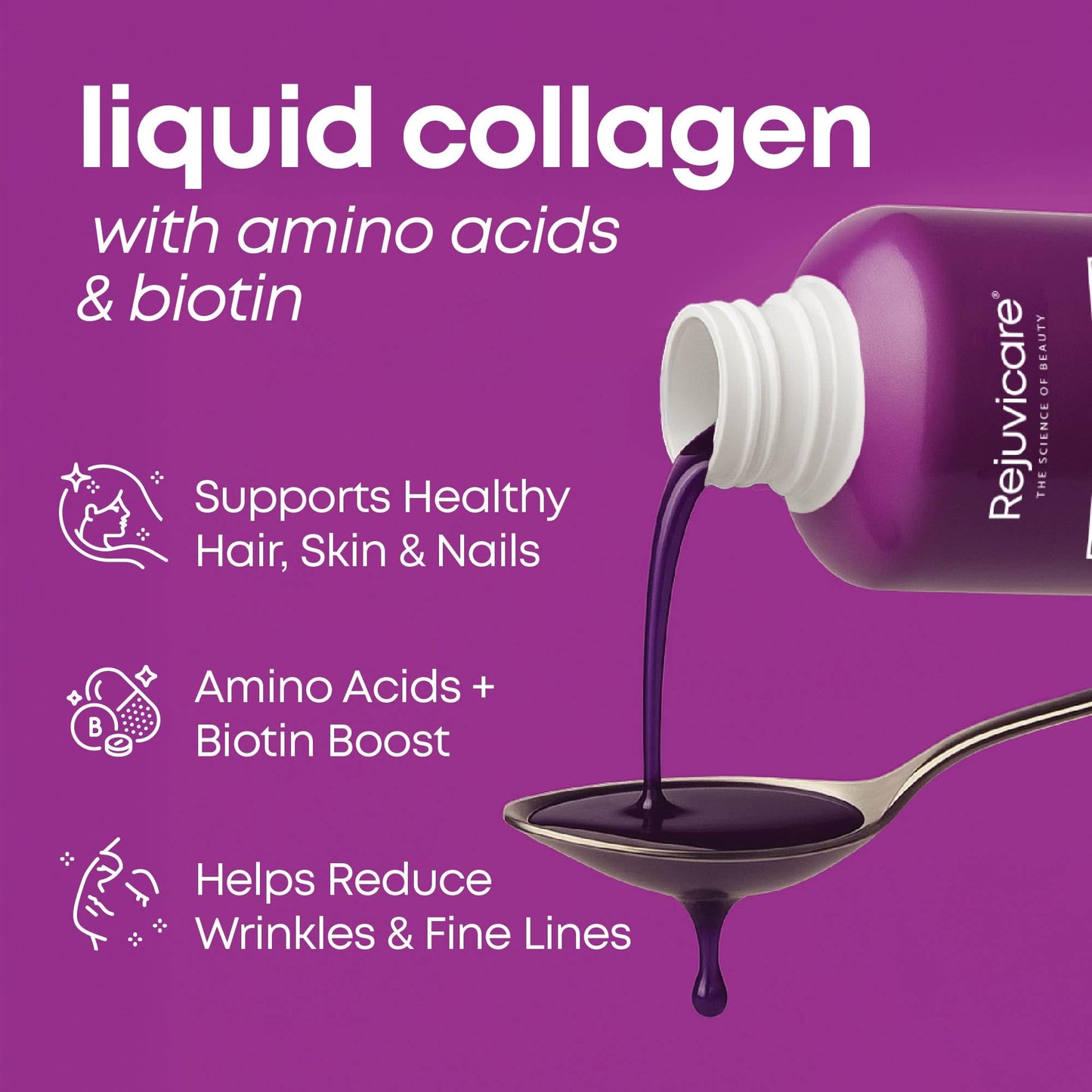 Rejuvicare Liquid Collagen Beauty Formula with Amino Acids, Protein and Biotin, Delicious Grape Flavor, Purple 16 oz ,32 servings