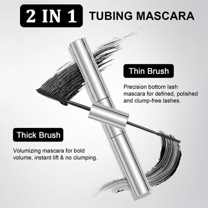 Tubing Mascara for Older Women 60 Plus, Double Ended Black Mascara, Lengthening Volumizing 2-in-1 Mascara for Short Multi-layered Lashes, Smudge Proof Easy Warm Water
