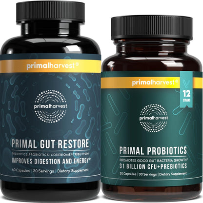 Primal Harvest Probiotics & Gut Health Supplements for Women and Men Pre and Probiotics with 31 Billion CFU and Gut Restore Digestion Pills Bundle