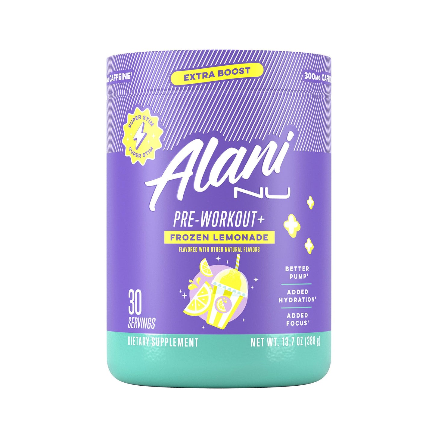 Alani Nu Pre Workout+ Powder Frozen Lemonade, Extra Boost, Sugar Free, 300mg Caffeine, L-Theanine, Beta-Alanine, Citrulline, 30 Servings