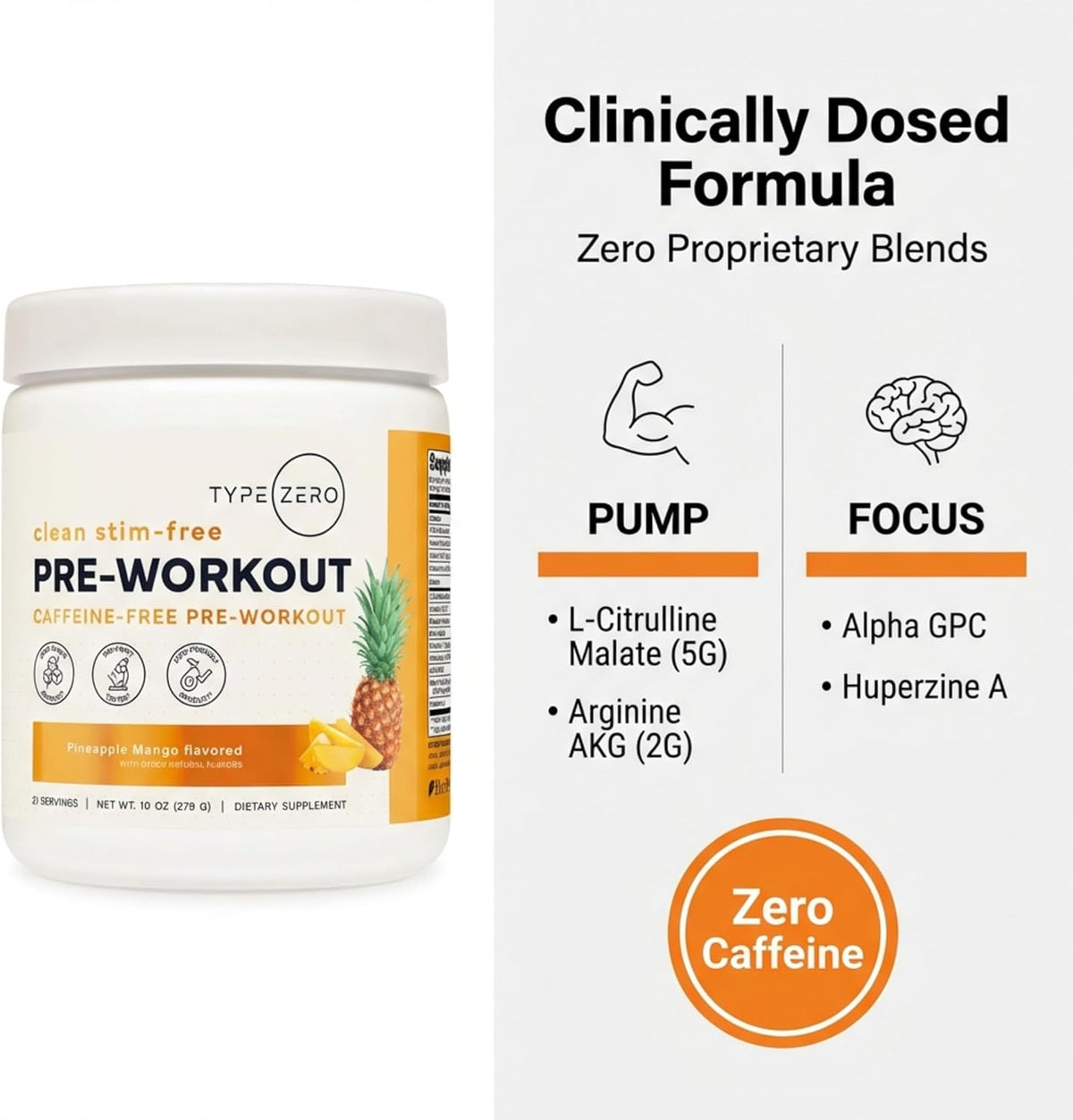 Type Zero Clean Stim Free Pre Workout Powder (Pineapple Mango) 21 Servings | Nitric Oxide Booster with L-Citrulline Malate, Arginine AKG, Beta Alanine, Caffeine & Stimulant Free