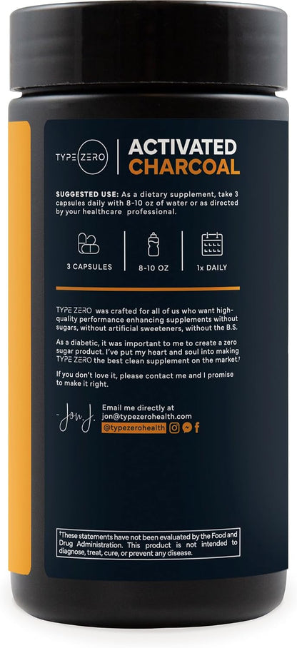 Type Zero Activated Charcoal (780mg) 180 Capsules, 60 Servings, Gluten-Free | From Coconut Shell, GMO-Free