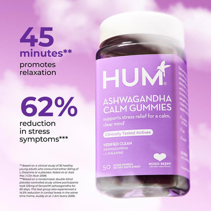 HUM Calm Ashwagandha Gummies with L-Theanine, Mixed Berry, 60 Count
