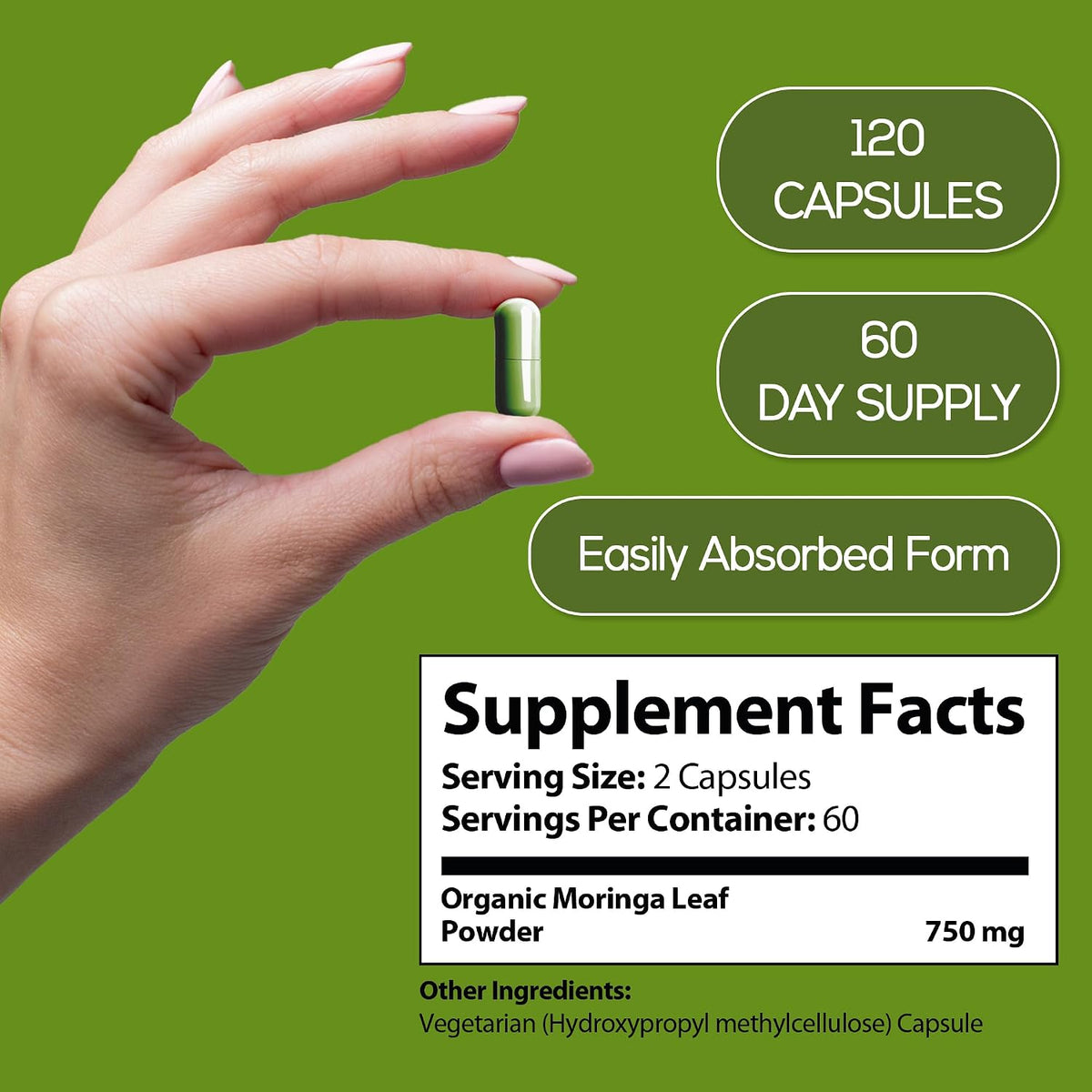 Moringa Capsules - Pure Moringa Powder Supports, Joint Comfort & Healthy Energy Levels 120 Capsules - Made in USA, Gluten Free Supplement, GMO Free