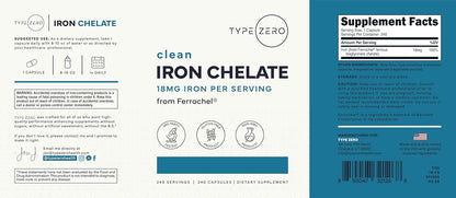 Type Zero Iron Chelate (18mg) 240 Capsules, Gluten-Free, GMO-Free | From Ferrochel Ferrous Bisglycinate Chelate