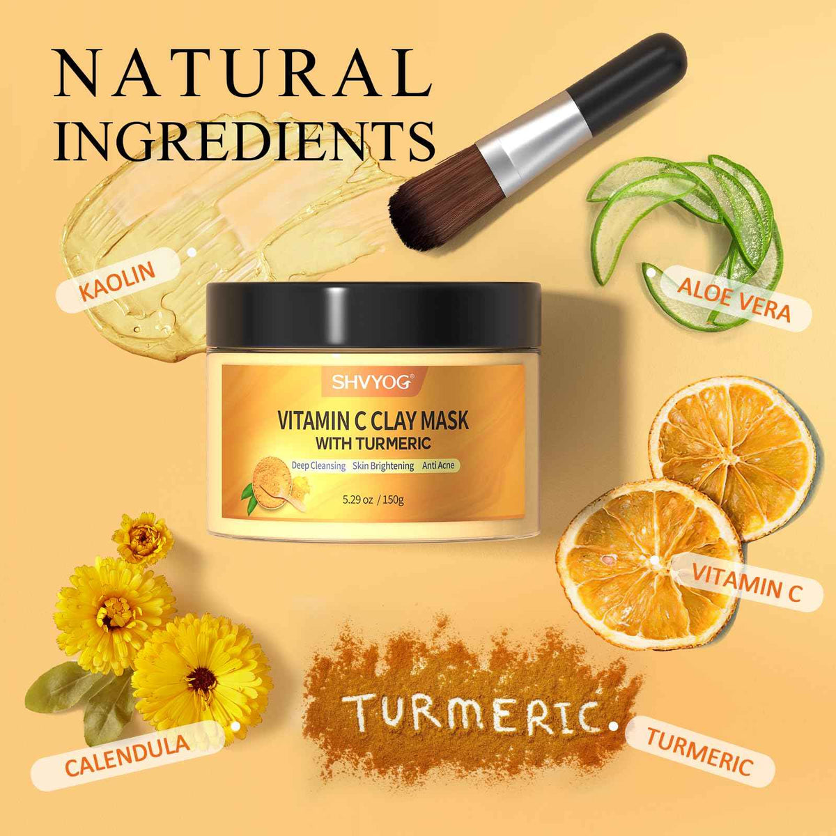 SHVYOG Turmeric Vitamin C Clay Mask with Kaolin Clay for Dull & Blemish-Prone Skin, Deep Cleansing Facial Mask, Face Masks Skincare for Controlling Oil