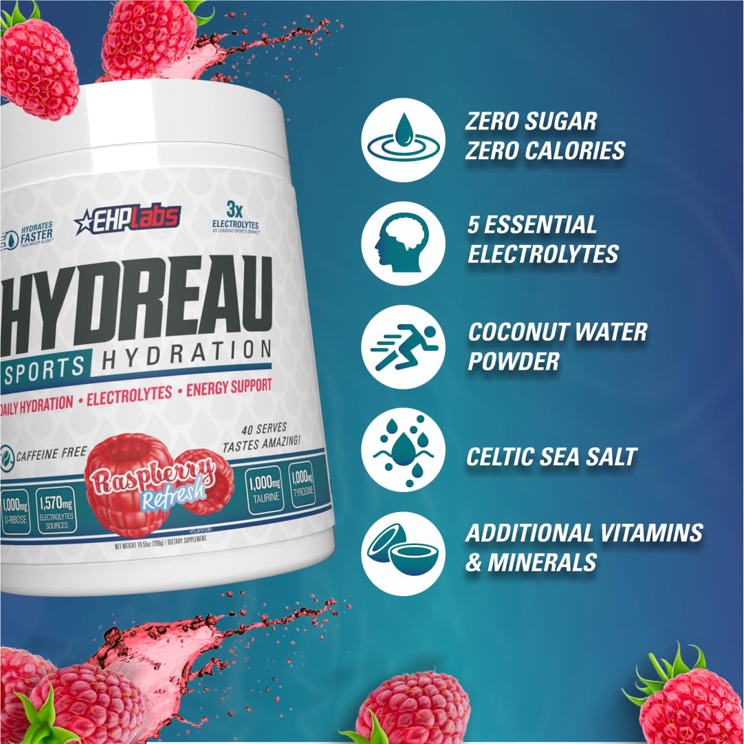 EHP Labs Hydreau Electrolytes Powder No Sugar - Hydration Powder for Endurance & Energy - Electrolyte Powder for Men & Women - Sugar Free Electrolytes - Kiwi Strawberry (40 Serves)
