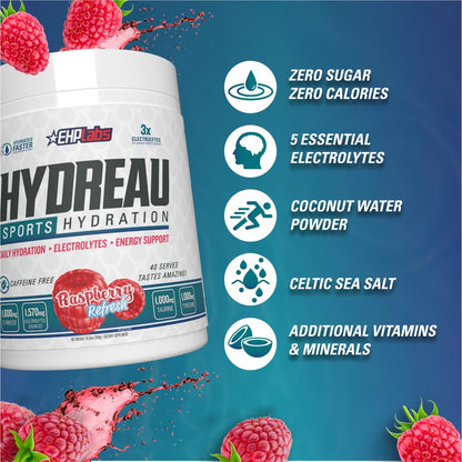 EHP Labs Hydreau Electrolytes Powder No Sugar - Hydration Powder for Endurance & Energy - Electrolyte Powder for Men & Women - Sugar Free Electrolytes - Kiwi Strawberry (40 Serves)