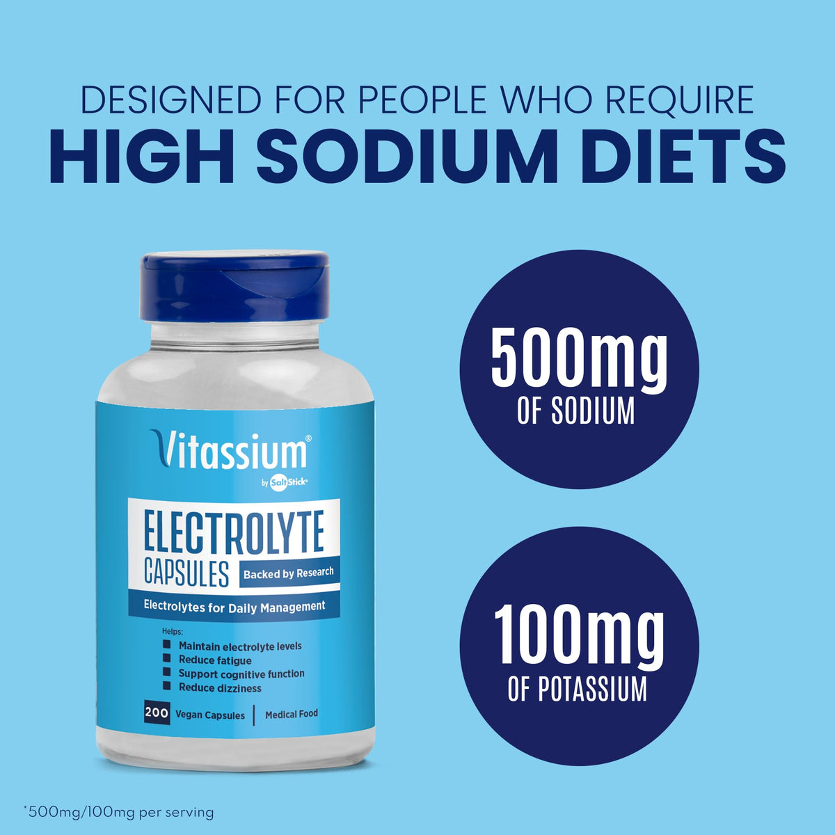 Vitassium Electrolytes Salt Pills for POTS Scientifically Formulated 100ct