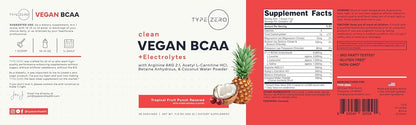 Type Zero Ultra Clean Vegan BCAA Powder + Electrolytes Tropical Fruit Punch | 6g Per Serving, 2:1:1 Sugar-Free, No Sucralose, BCAAs Amino Acids Supplement, After Workout Drink, 30 Servings
