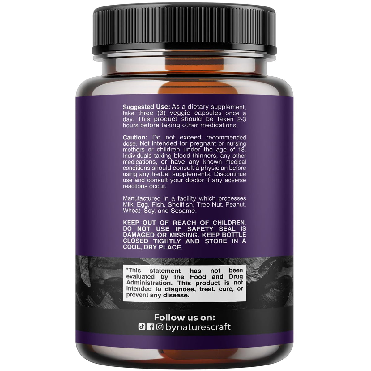 Natures Craft Activated Charcoal Pills Detox & Cleanse - Purifying Coconut Capsules with 1200 mg Per Serving for Bloating Relief - Active Detox Supplement for Body & Gut Health -180 Count