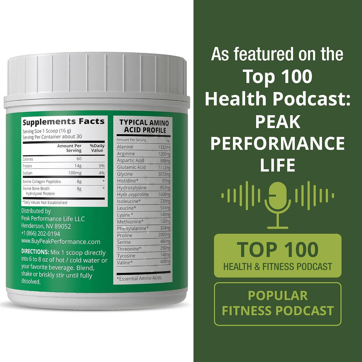 Peak Performance Hydrolyzed Bone Broth + Collagen Unflavored Protein Peptides Powder - Contains All Collagen Types: 1, 2, and 3 - Pure Pasture Raised Grass Fed, Paleo Friendly, Gluten + Dairy Free
