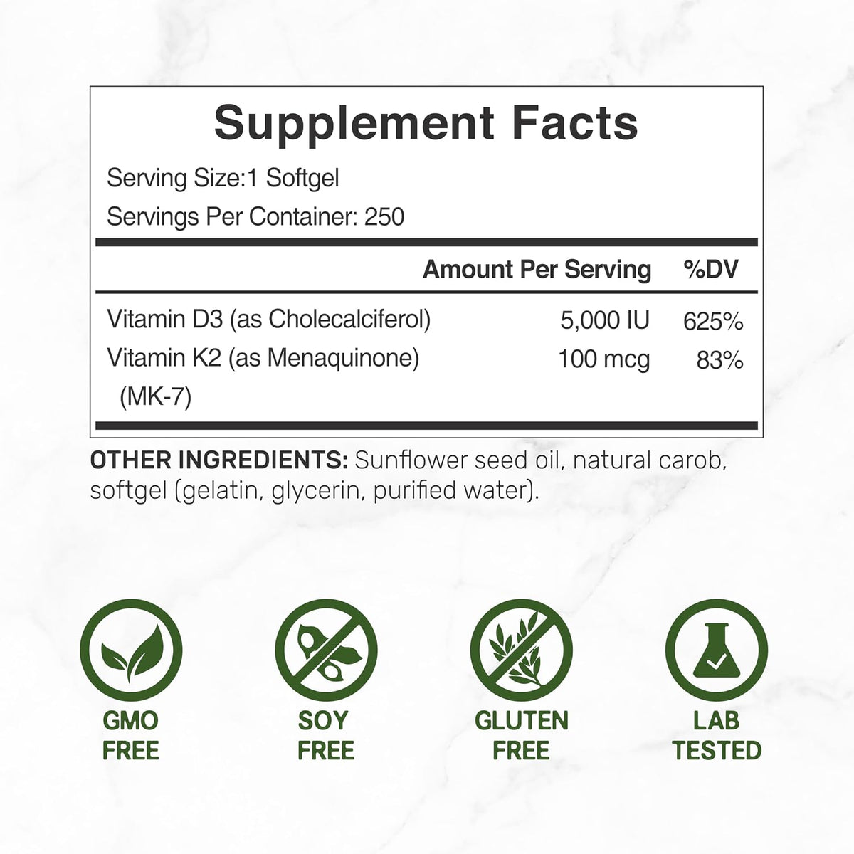 DEAL SUPPLEMENT Vitamin D3 5,000 IU + K2 MK7 Softgels, 250 Count | 2-in-1 Complex | Easy to Swallow