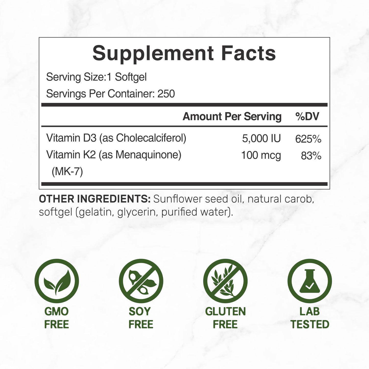 DEAL SUPPLEMENT Vitamin D3 5,000 IU + K2 MK7 Softgels, 250 Count | 2-in-1 Complex | Easy to Swallow