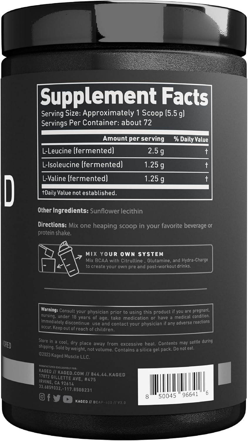 BCAA Powder, Kaged BCAAs Amino Acids, Fermented, Plant Based & Vegan Friendly Branched Chain Amino Acid, 5g BCAA Unflavored, Amino Acid Supplements for Men, 72 Servings