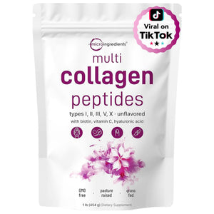 Suplement ​Micro Ingredients Multi Collagen Peptides Powder, 1lb – Hydrolyzed Type I,II,III,V,X with Biotin, Hyaluronic Acid, Vitamin C – Unflavored Collagen - VelvetGlow USA