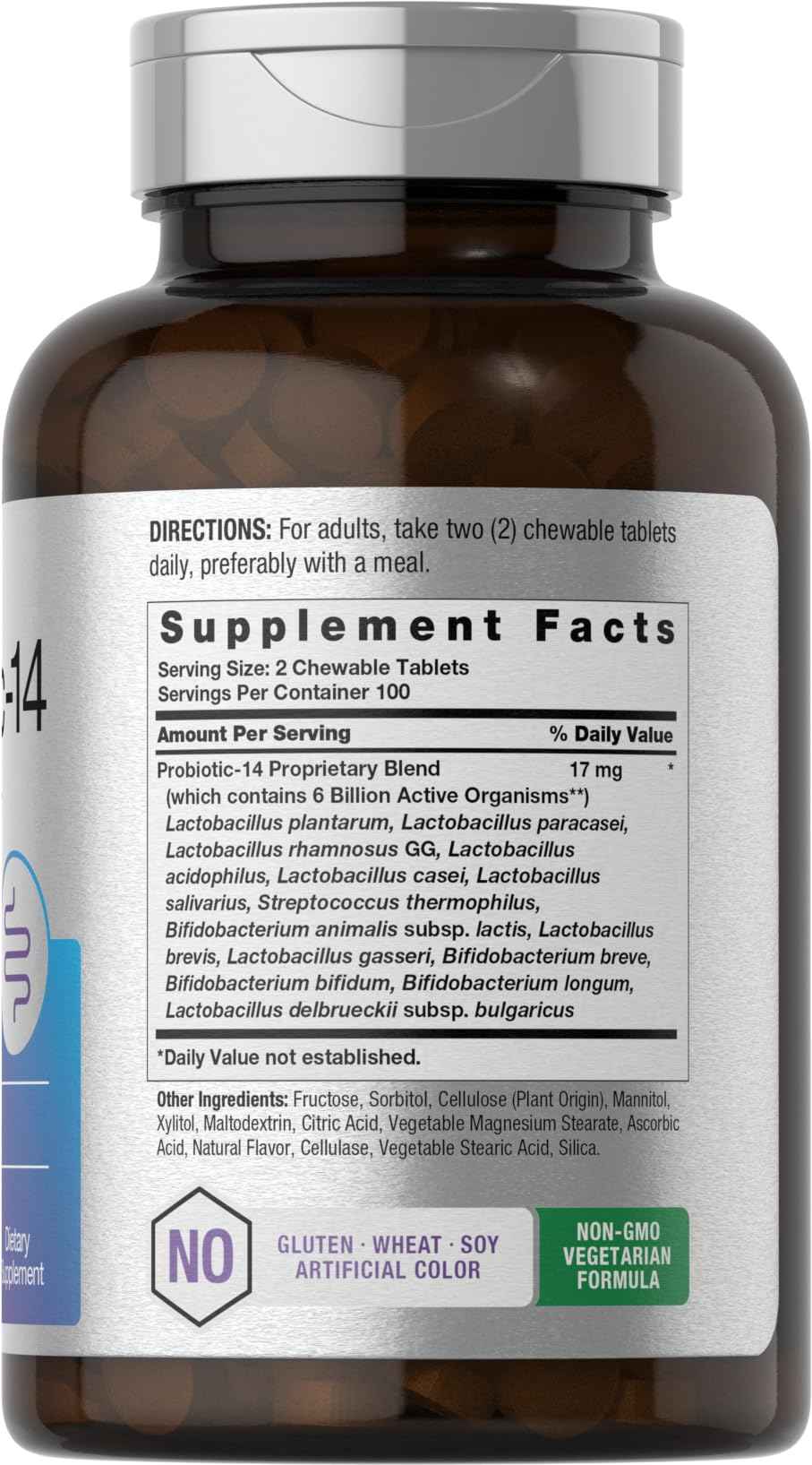 Horbäach Probiotics 6 Billion CFUs | 200 Chewable Tablets | Berry Flavor | 14 Probiotic Strains | Vegetarian, Non-GMO & Gluten Free Supplement for Men & Women