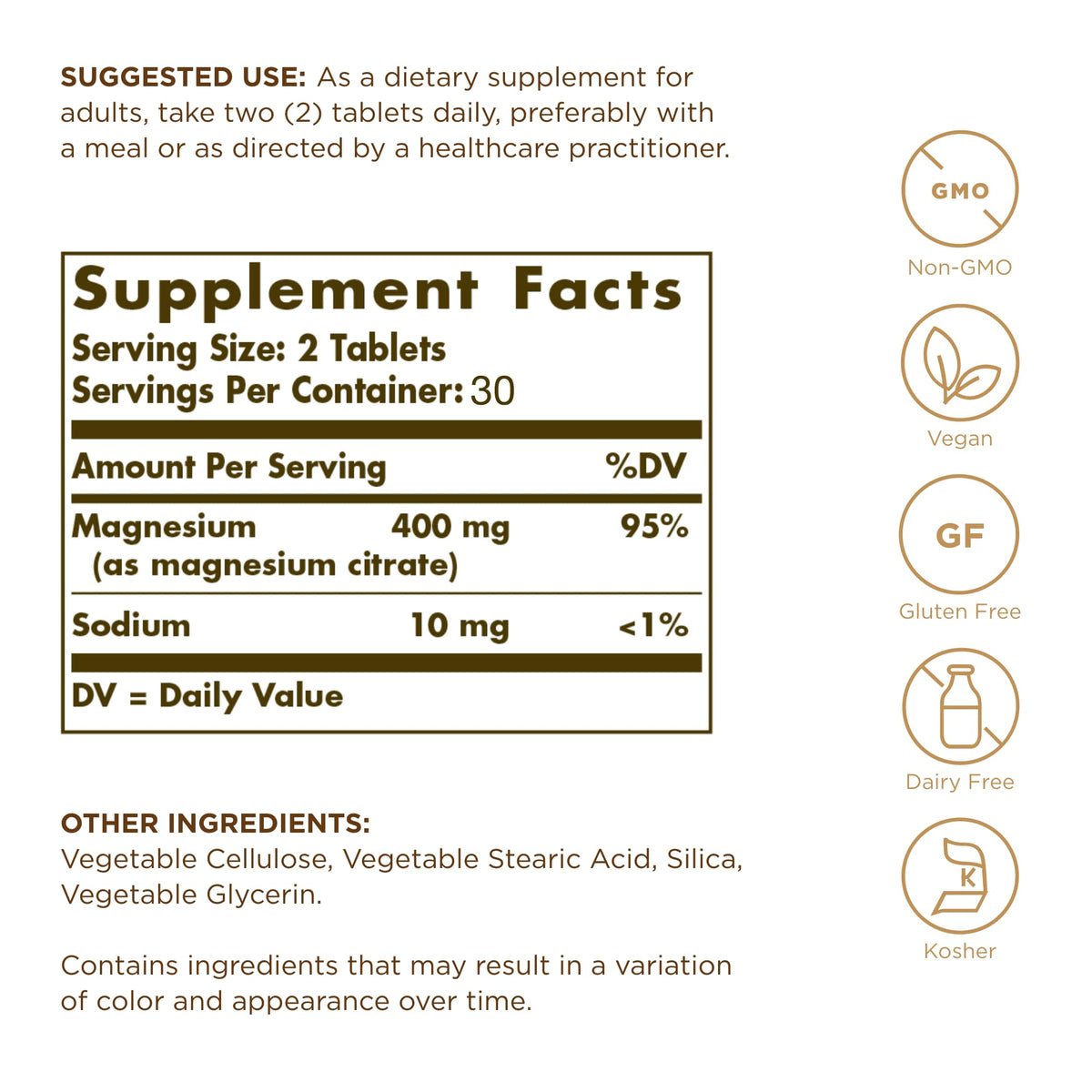 Solgar Magnesium Citrate, 120 Tablets - Promotes Healthy Bones - Supports Nerve & Muscle Function - Non GMO, Vegan, Gluten Free, Dairy Free, Kosher - 60 Servings, Standard Packaging