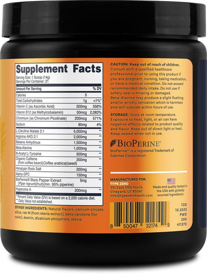 Type Zero Clean Pre Workout Powder (Pineapple Mango) 21 Servings | 200mg Natural Caffeine, L-Citrulline Malate, Beta Alanine, Alpha GPC, Huperzine A, Himalayan Salt, Sugar Free