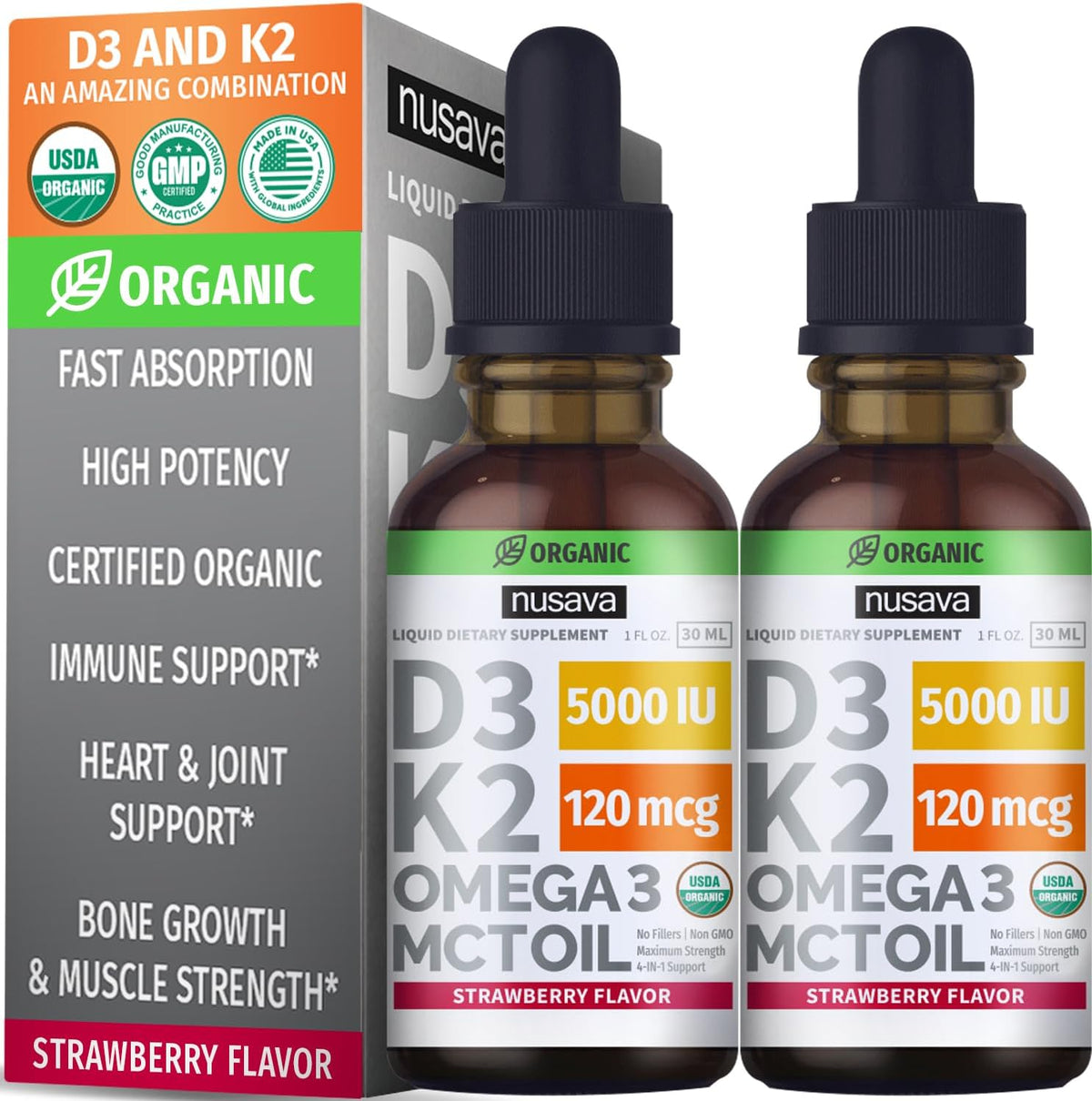 NUSAVA Vitamin B12 Liquid Drops and Strawberry Flavored D3 K2 Bundle — Daily Wellness Liquid Vitamins for Energy & Immune Support — Non-GMO, Gluten-Free, 2pk Each