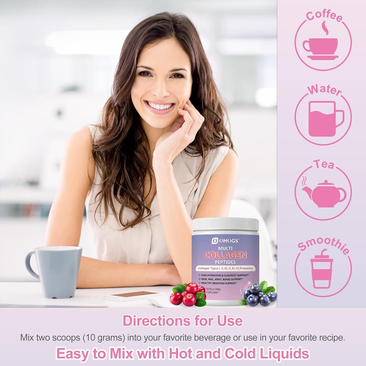 OMOGS Hydrolyzed Collagen Peptide Powder with Prebiotics, Vitamin C & Cranberry Extract，Support Hair, Skin, Nails, Bones, Digestive & Urinary Tract Health, Easy Dissolve, Non-GMO, for Women & Men.