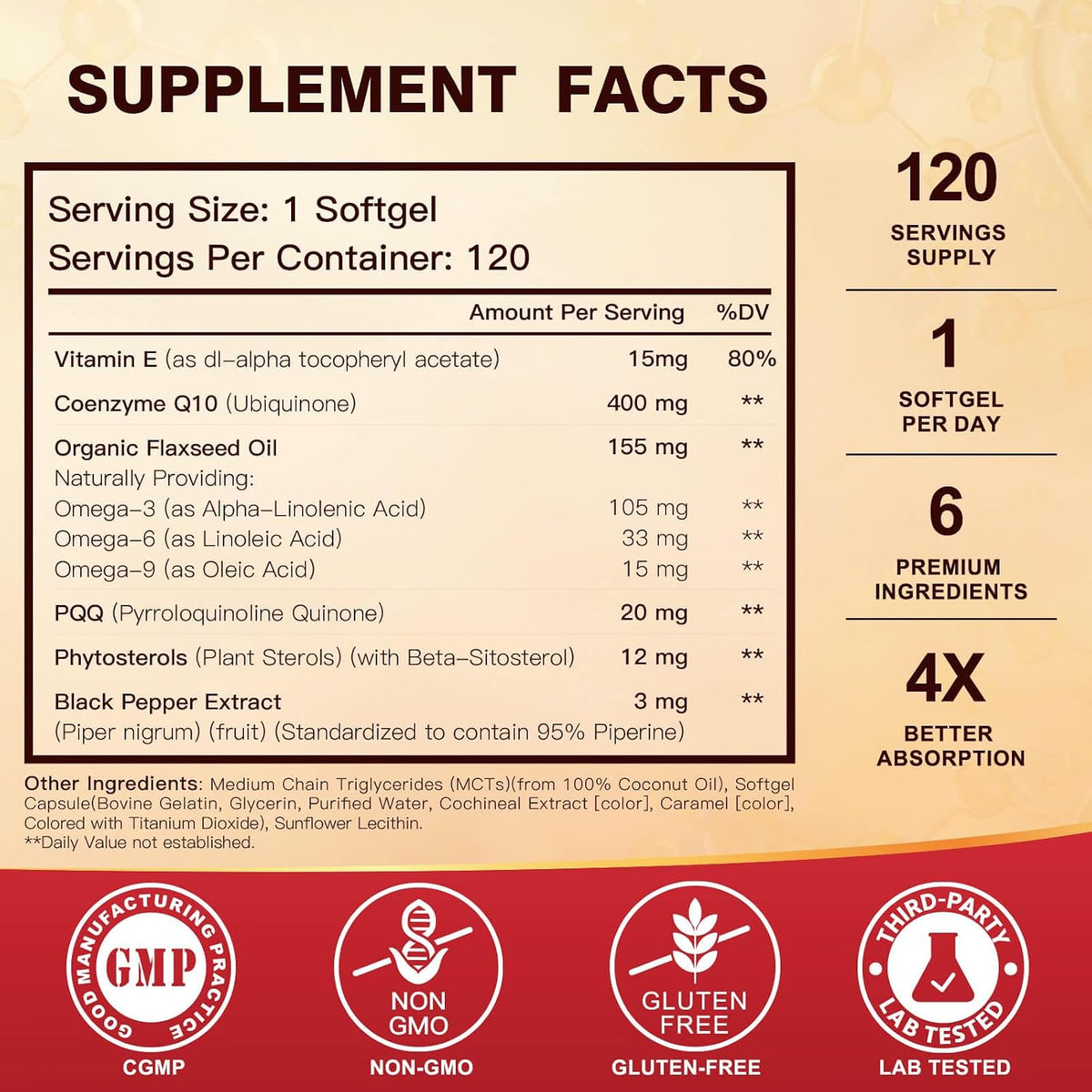 DRFOSTER CoQ10 400mg Softgels, PQQ, MCT & Omega 3-6-9, 120 Days Supply | With Vitamin E & Plant Sterols, Black Pepper, High Absorption, Gluten-Free, Allergen-Free, Brain & Energy, Co Q 10 Supplement