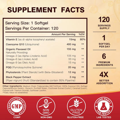 DRFOSTER CoQ10 400mg Softgels, PQQ, MCT & Omega 3-6-9, 120 Days Supply | With Vitamin E & Plant Sterols, Black Pepper, High Absorption, Gluten-Free, Allergen-Free, Brain & Energy, Co Q 10 Supplement