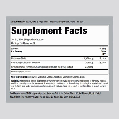 Piping Rock Ceylon Cinnamon Capsules | 120 Pills | Complex Supplement with Chromium and Biotin | Vegetarian, Non-GMO, Gluten Free