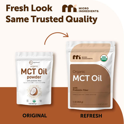 Micro Ingredients Organic MCT Oil Powder with Prebiotic Fiber, 1 lb (16 oz) | C8 & C10 MCT Oil for Coffee Creamer. 45 Servings. Unflavored. Keto & Vegan Friendly, Non-GMO, Gluten Free.