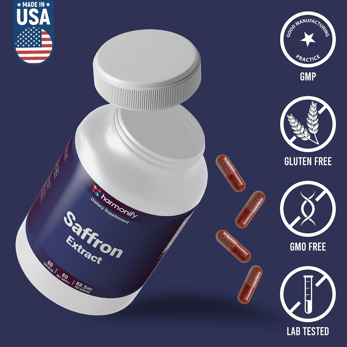 Saffron Supplements 88.5mg – Mood, Eye & Appetite Support – 60 Capsules | Natural Saffron Supplement from Crocus Sativus L. | Non-GMO, Vegan-Friendly