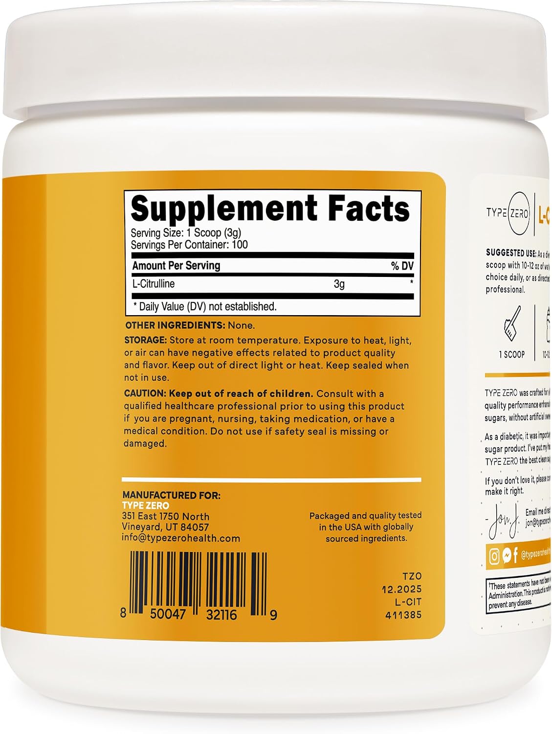 Type Zero L-Citrulline Powder, 3000mg Pump Pre Workout, 100 Servings