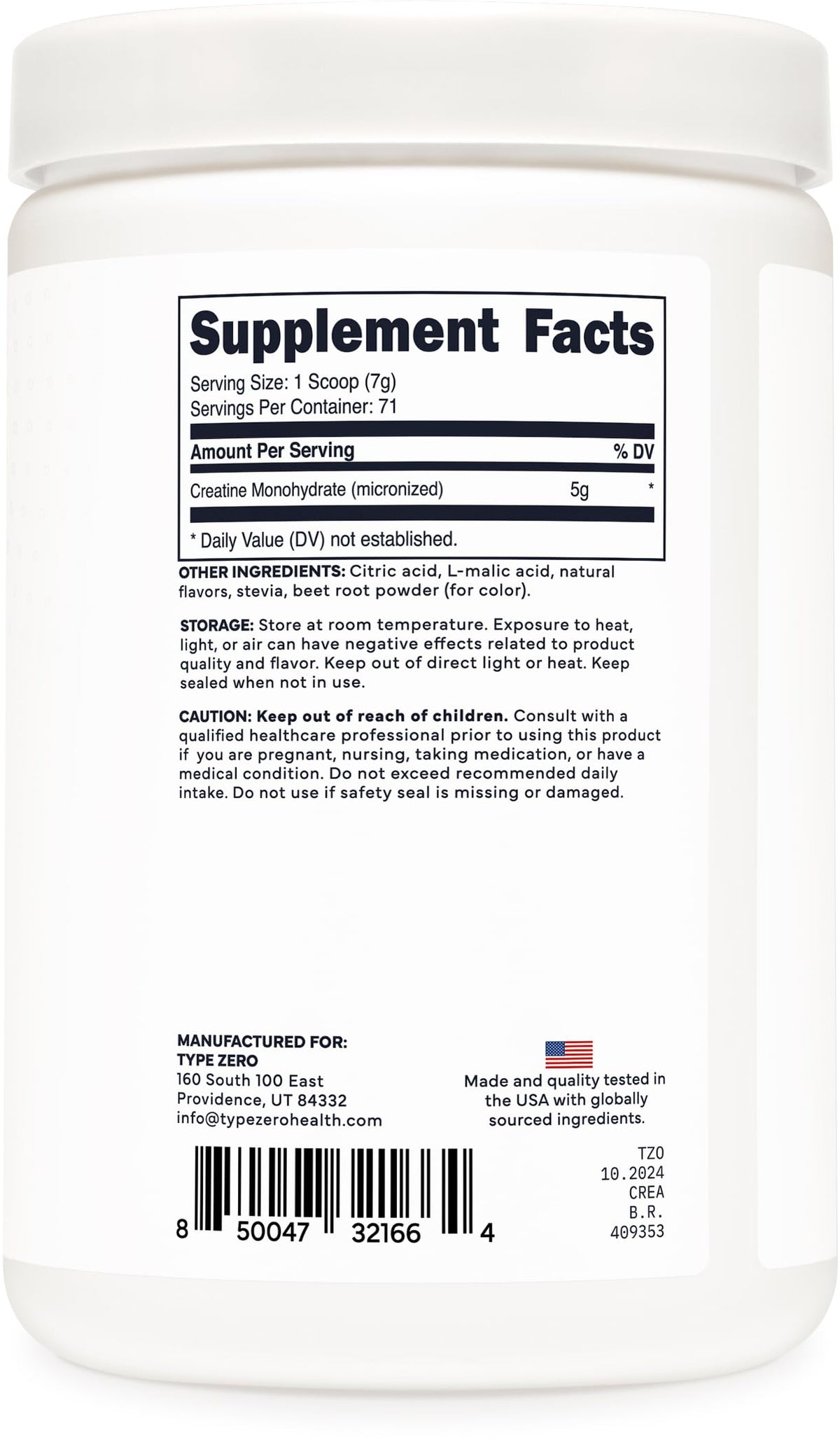 Type Zero Creatine Monohydrate Powder (Unflavored) 500 Grams, Micronized | 5000mg Per Serving, Zero Sugar, Keto Friendly & Gluten-Free, 100 Servings