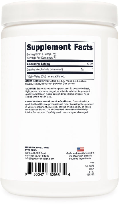 Type Zero Creatine Monohydrate Powder (Unflavored) 500 Grams, Micronized | 5000mg Per Serving, Zero Sugar, Keto Friendly & Gluten-Free, 100 Servings