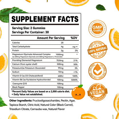 Magnesium Glycinate Gummies 1000mg - Sugar Free Magnesium Potassium Supplement with Vitamin D, B6, CoQ10 for Calm Mood & Sleep Support - 60 Orange Gummies ElevateLifeBuy Supplements Australia