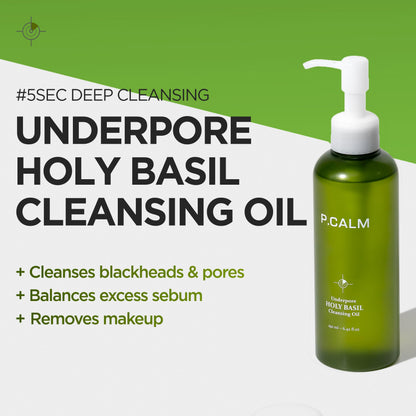 P.CALM Underpore Holy Basil Cleansing Oil – Holy Basil & Tea Tree for Deep Pore Cleansing, Blackhead Removal, and Makeup Removal, Korean Skincare (190ml / 6.42 fl.oz)