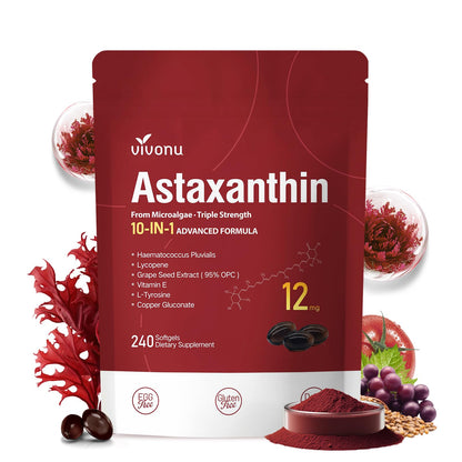10 in 1 Astaxanthin 12mg Supplements, 4 Month Supply, Astaxantina Antioxidant from Fresh Haematococcus Pluvialis, Contains Lycopene, Grape Seed, Vitamin E, & More Supports Eye, Joints, Skin Health