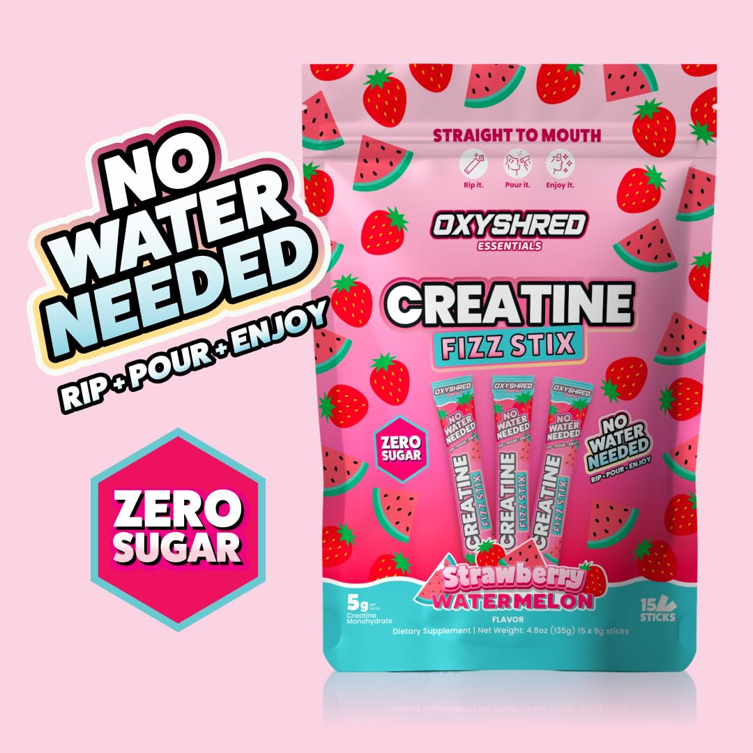 EHP Labs OxyShred Creatine Monohydrate Fizz Sticks, Cherry Slushie, 15 Pack | 5g Micronized Creatine Per Stick. No Water Needed, Zero Sugar, Vegan & Gluten Free. Single Serve On The Go.