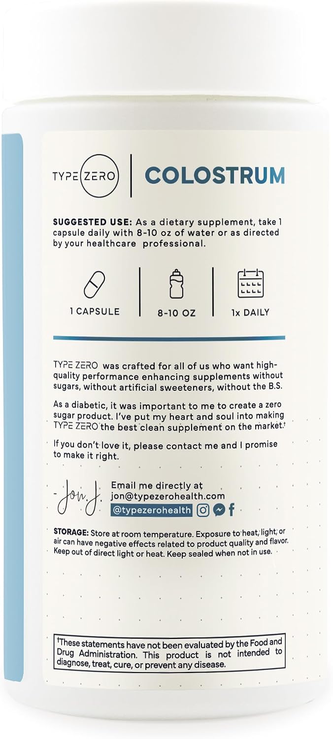 Type Zero Colostrum Supplement (500mg) 180 Capsules, Bovine Sourced | Gluten-Free, GMO-Free