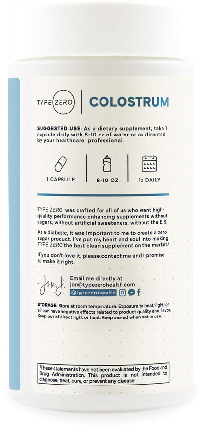Type Zero Colostrum Supplement (500mg) 180 Capsules, Bovine Sourced | Gluten-Free, GMO-Free