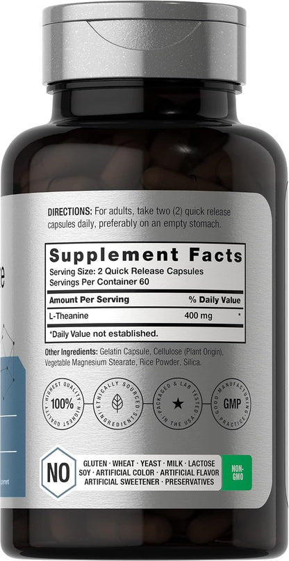 Horbäach L-Theanine Supplement | 400mg | 120 Powder Capsules | Non-GMO & Gluten Free