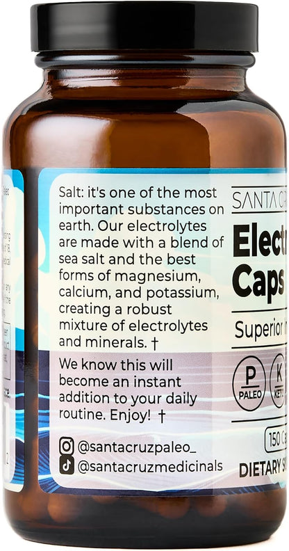 Santa Cruz Paleo Electrolyte Capsules for Hydration Support, Zero Sugar, Keto Friendly Magnesium Potassium Sodium Calcium Supplement, Paleo & Gluten Free, Travel Essentials, 150 Capsules